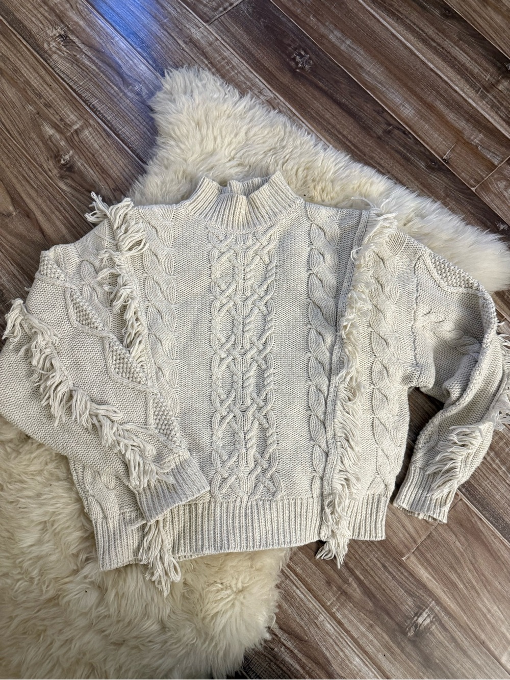 Leith Cream Cable Knit Fringe Turtleneck Sweater